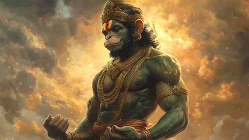 Hanuman-like warrior figure stands against glowing clouds.