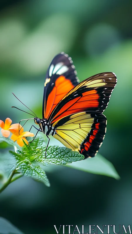 Butterfly with orange and yellow wings on green foliage.