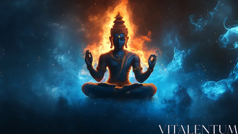 Meditating figure with dual fire and ice energy field.