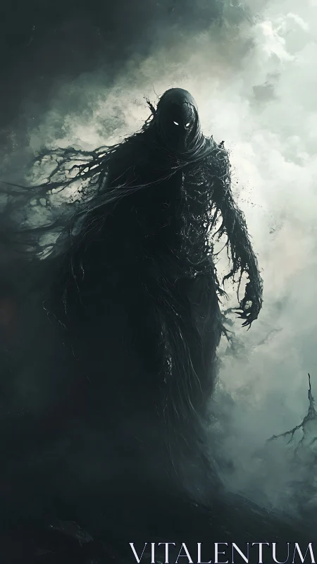 Mysterious shadow wanderer emerging from swirling mist.