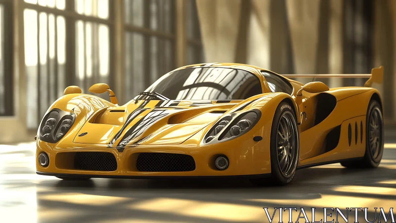 Yellow supercar in modern showroom with strong reflections.