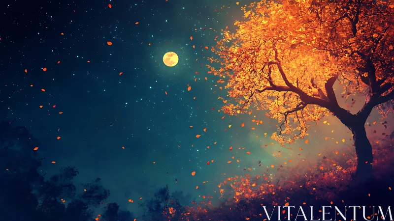 Moonlit autumn tree scattering stardust leaves across night.