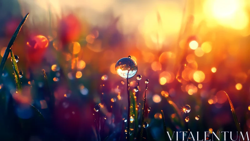 Macro sunrise dew refraction with vibrant bokeh field focus.