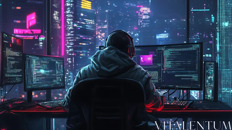 Hooded programmer works at multi-monitor rig in neon city