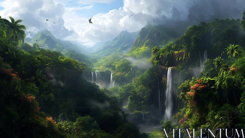 Lush mountain valley shows waterfalls, dense jungle and mist