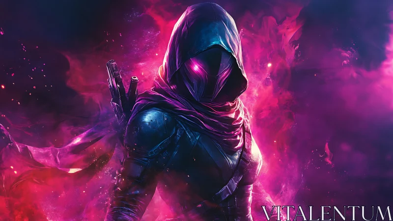 Hooded cyber assassin in neon magenta volumetric nebula field