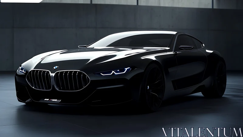 Midnight black coupe prowls a minimalist concrete lair.