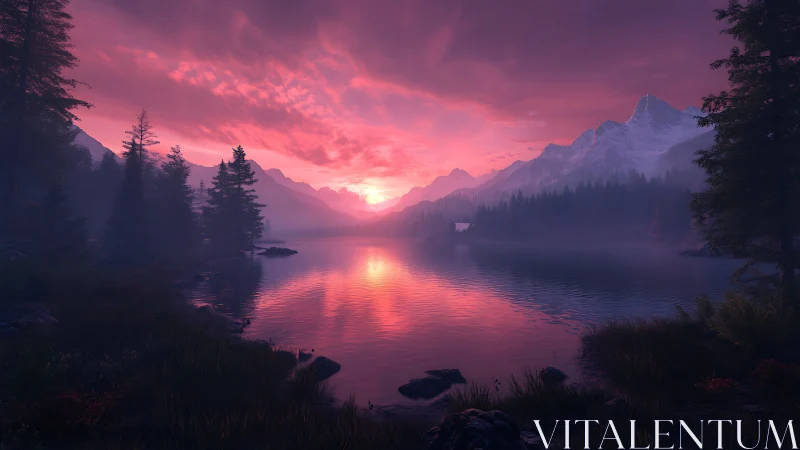 Digital mountain lake render shows symmetric sunset reflection