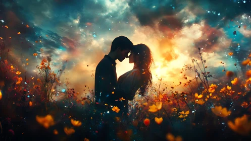 Silhouetted Couple in Dreamscape. Glowing Flowers.