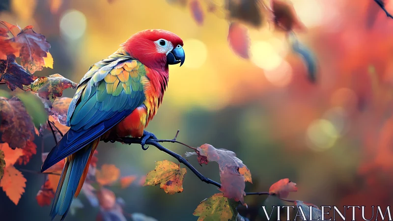 Vibrant Parrot Perched on Autumn Branch, Colorful Nature Scene.