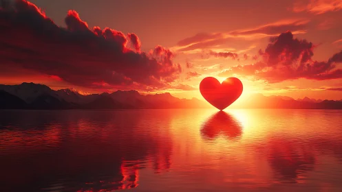 Romantic Heart at Sunset: Symbolic Reflection Across Alpine Lake.
