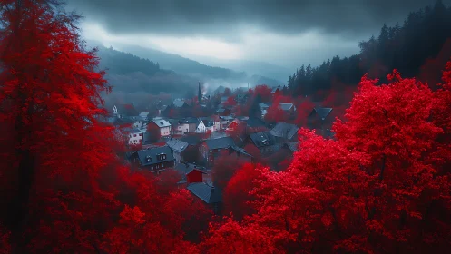 Crimson forest cradles misty village beneath brooding storm.