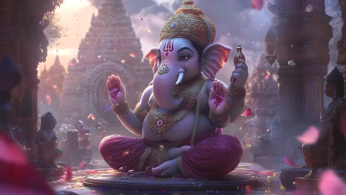 Ganesha sits in divine light amid temple incense and petals