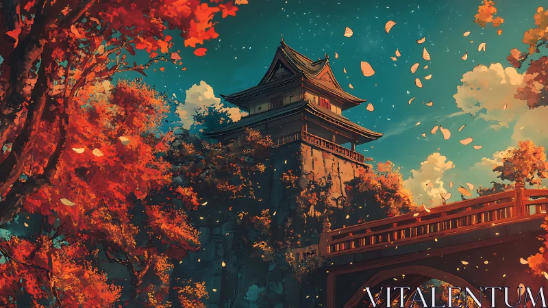 Autumn leaves swirl around hilltop Japanese temple at dusk