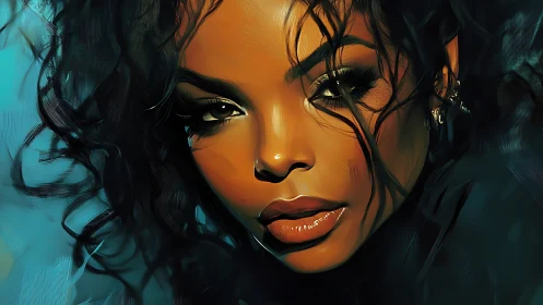 Close cropped digital portrait of woman with dark curls.