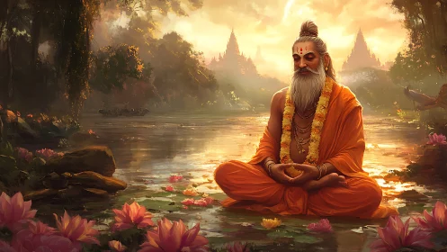 Digital painting of meditating sage in lotus-filled river dusk.