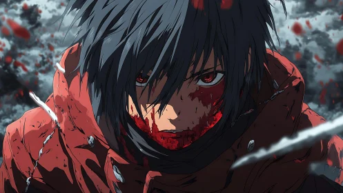 Bloodied anime fighter stares forward amid motion and debris