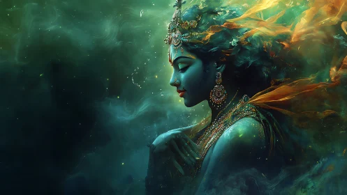 Cosmic river goddess inhales starlight in jeweled silence