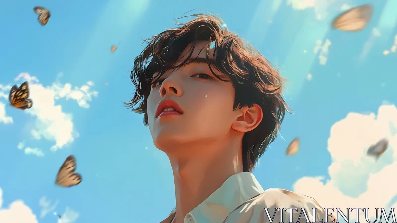 Skyward gaze with butterflies drifting through summer light.