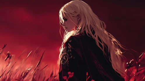 Somber blonde figure in red sunset field profile view.