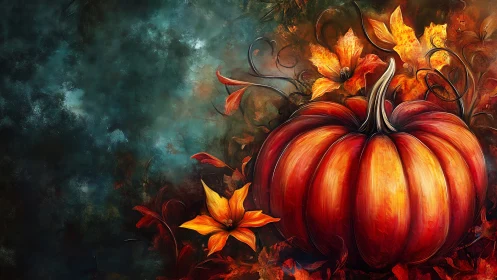 Glowing autumn pumpkin anchors a rich, moody harvest scene