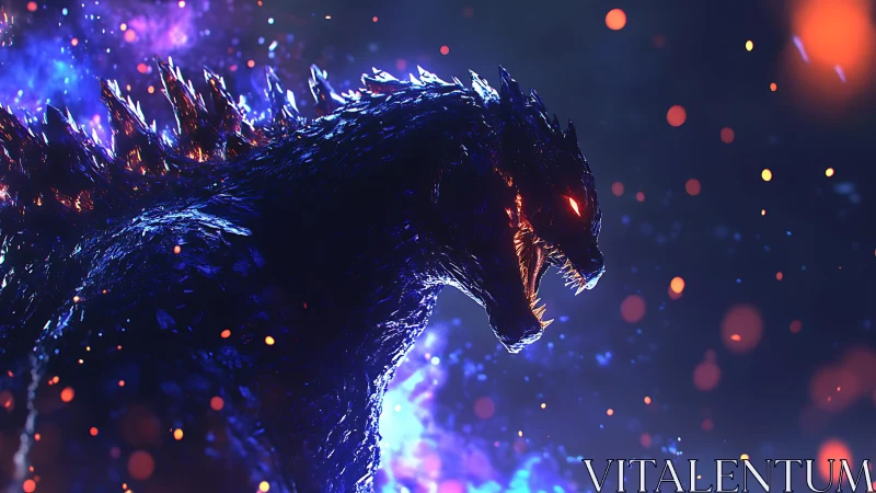 Bioluminescent kaiju roars amid neon embers in dynamic profile