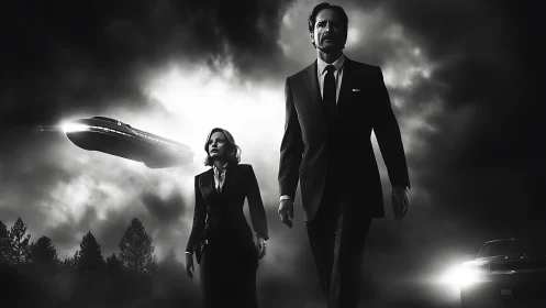 Noir agents stride beneath stormlit alien visitation.