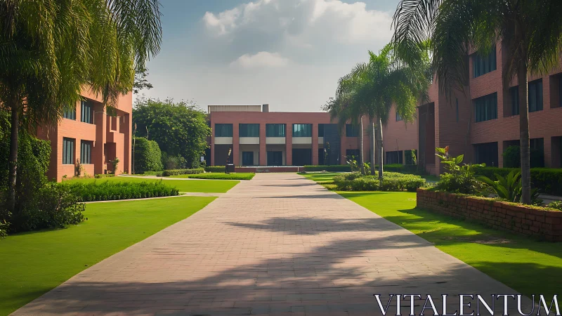 Modern brick academic campus with palm-lined central walkway.