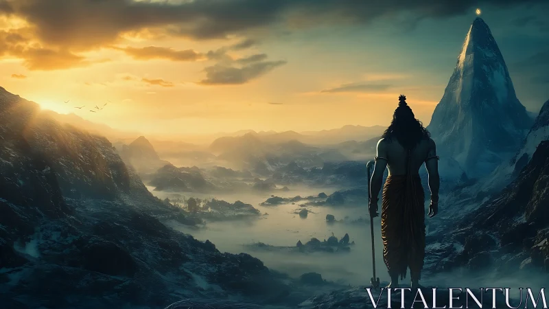 Mythic warrior overlooks sunlit glacial valley at dawn.