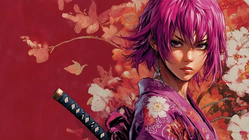 Purple haired samurai figure before red floral backdrop.