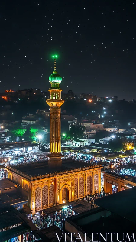 Illuminated mosque minaret above crowded urban night market.
