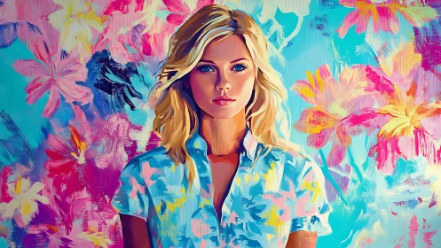 Digital painting portrait amid expressive floral abstraction.