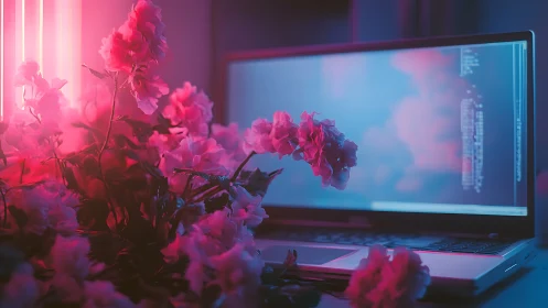 Laptop with pink flowers under contrasting neon lighting