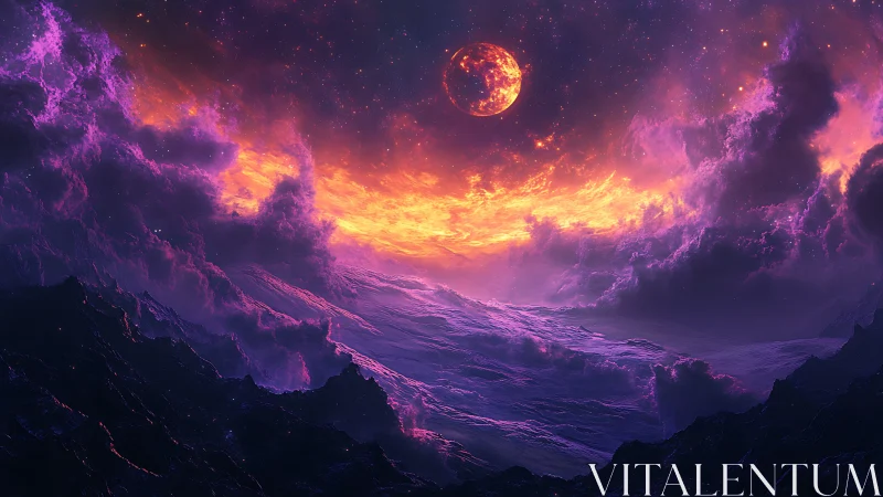 Lunar body over abstract violet terrain and cloud bands.