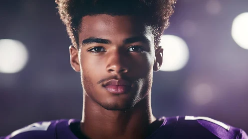Focused young football player stands under bright stadium lights