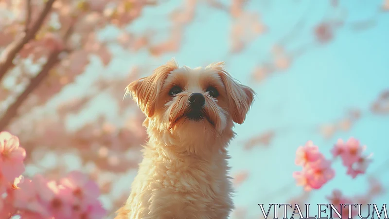 Shih Tzu Portrait with Soft-Focus Spring Blossoms and Cyan Sky Rendering