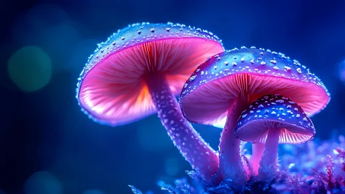 Bioluminescent mushrooms glowing in neon fantasy forest.