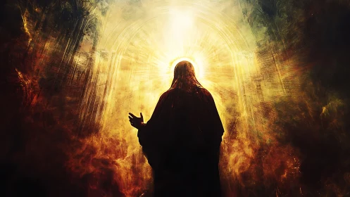 Silhouetted robed figure stands before intense radiant light