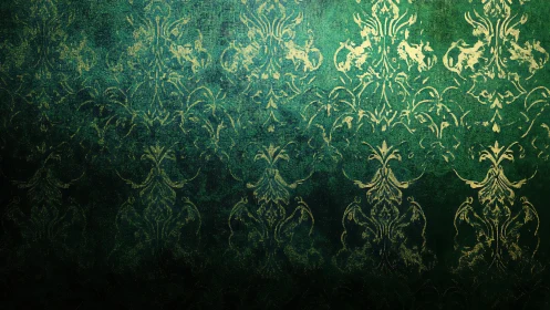 Vintage green damask wallpaper fades into dark shadow.