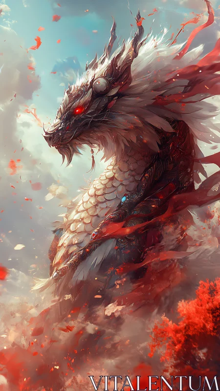 Majestic crimson dragon ascends through swirling petals.