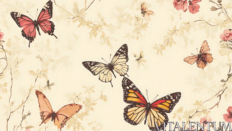 Butterflies glide across soft floral vintage background.