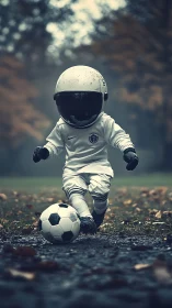 Tiny astronaut striker dribbling dreams across damp earth.