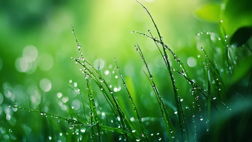 Close-up grass blades hold dew drops against bright green light