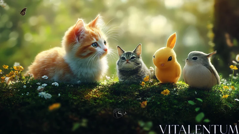 Whimsical Garden Gathering: Feline and Creature Ensemble in Sunlit Setting.