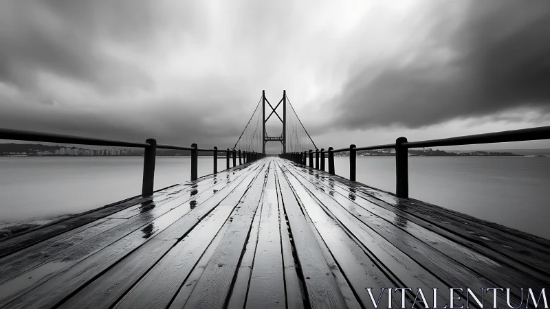 Wet wooden pier leads to suspension bridge under clouds