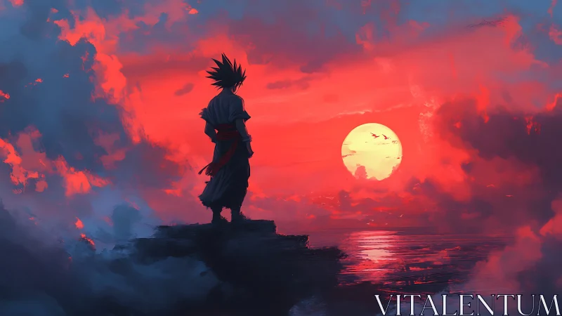 Sunset warrior pausing on a cloud-kissed ocean cliff.