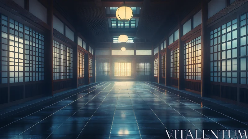 Sunlit digital dojo corridor with reflective tiled floor.
