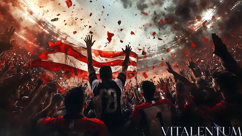 Stadium crowd vortex with elevated fan and striped banner.