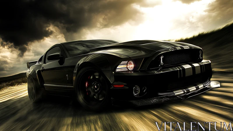Midnight muscle car racing through stormy golden light.