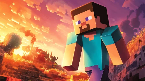 Blocky game character walking through sunset terrain.